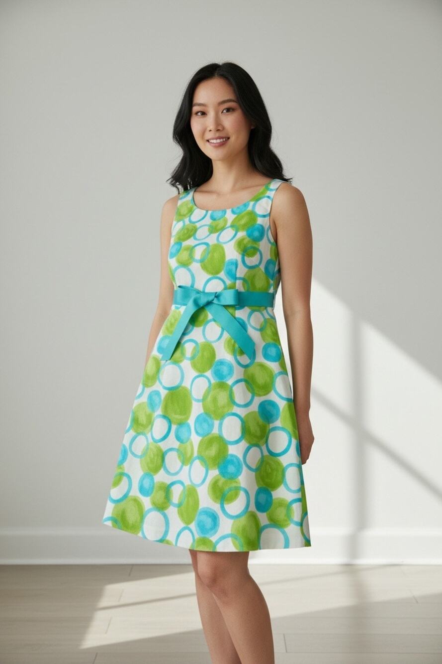 Jessica Howard Dress 12 Blue Green Circle Print 100% Cotton Belted USA Retro